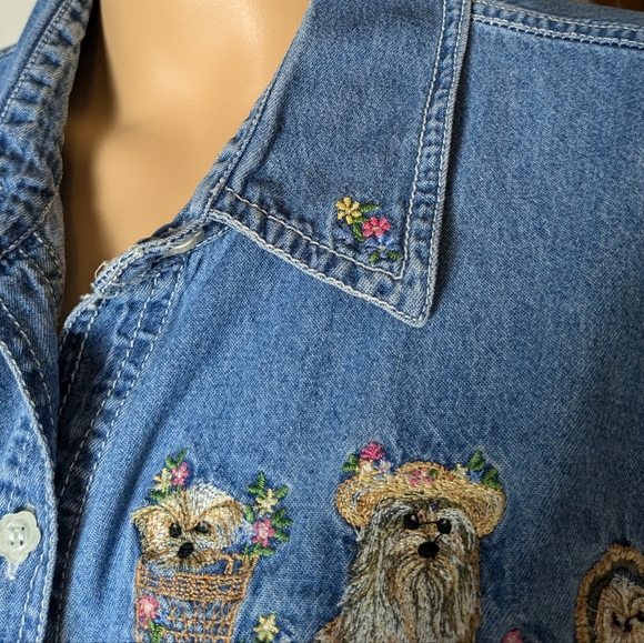 Puppy & Floral Embroidered Short Sleeve Jean Button Up Shirt Large - Picture 8 of 11